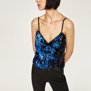 NWT Zara Sequin Bright Blue and Black Women's Elegant Night Out Top Size Large